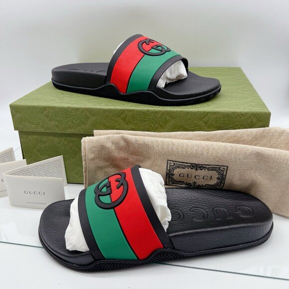 Gucci Agrado Interlocking G Logo Rubber Slide Sandals Black Mens UK 10 US 10.5 - Picture 4 of 16